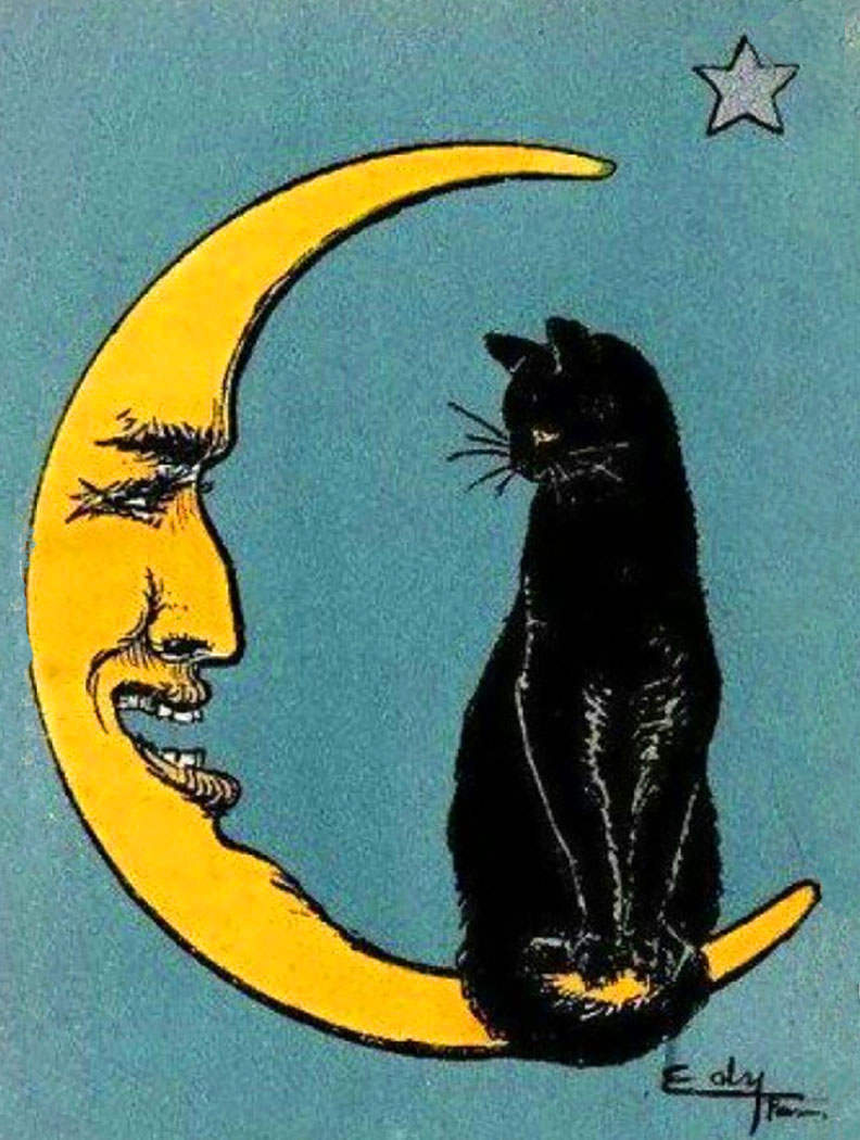 a vintage painting of a cat sitting on a crescent moon